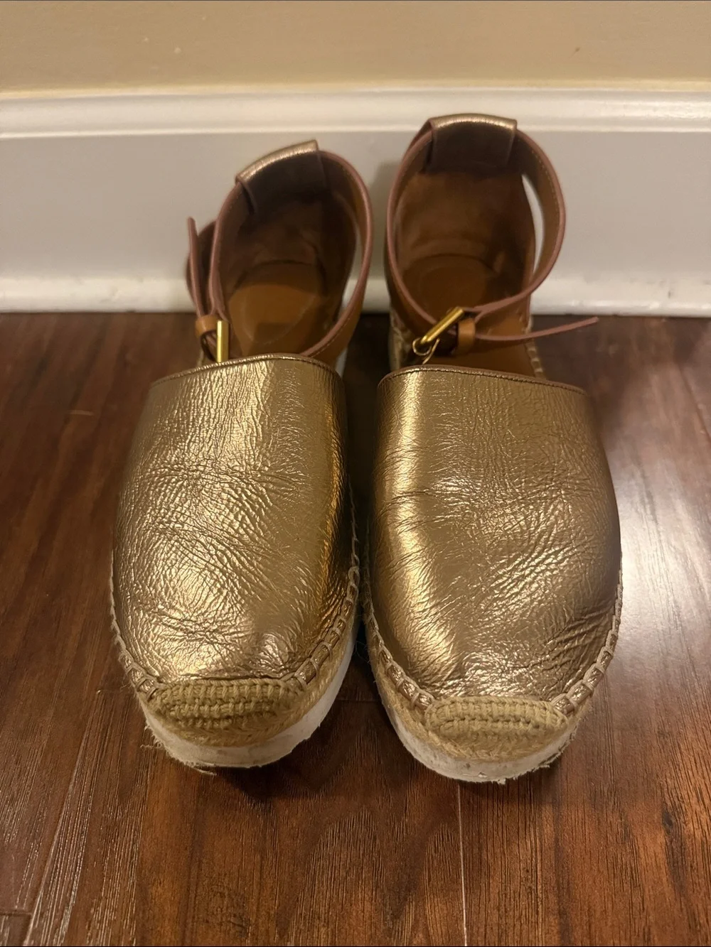 See By Chloe Metallic Gold Espadrille Sandals with Ankle Strap